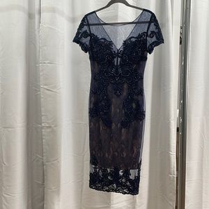 TERANI knee length dress! GORGEOUS navy/nude lace and beadwork!